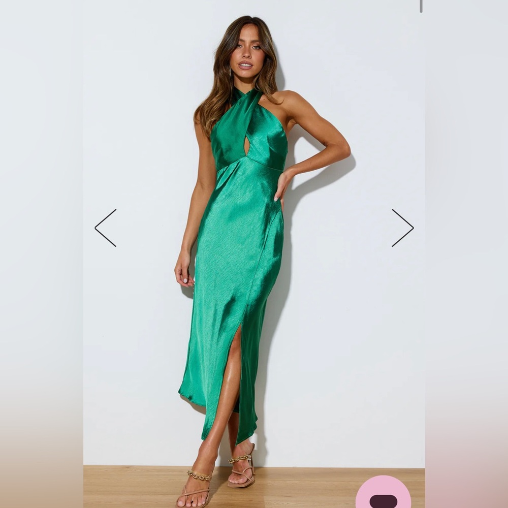 Hello Molly Green Satin Halter Backless Midi Dress